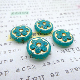 Czech Round With Flower Pressed Glass Beads 17mm Opal Green Gold Lined