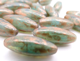 Czech Glass Peeled Olive Beads 19x7mm Turquoise Opal with Copper Wash Uranium