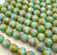 Czech Faceted Spiral Cut 12mm Opaline Blue Uranium Glow with Travertine