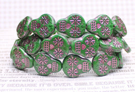 Czech Glass Sugar Skull Beads 20x17mm Green Silk with Pink Wash