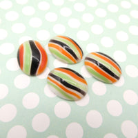 West German Glass Dome Oval Cabochons 18x13mm Green Black & Orange Stripes