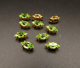 Vintage Czech Glass Faceted Navettes in gold sew on setting 8x4mm Peridot