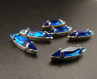 Vintage Czech Glass Faceted Navettes in silver sew on setting 15x4mm Capri Blue