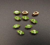 Vintage Czech Glass Faceted Navettes in gold sew on setting 8x4mm Peridot