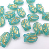 Czech Glass Tulip Beads 16x11mm Turquoise Gold Lined Uranium