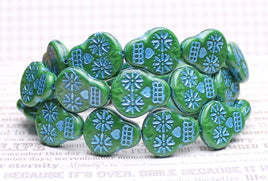 Czech Glass Sugar Skull Beads 20x17mm Green Silk with Blue Wash