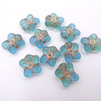 Czech Glass Flower Pressed Glass Beads 14x12 mm Yellow Blue Matte Copper Lined Uranium