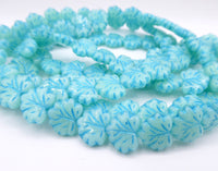 Grape Leaf Pressed Beads 13x11mm Green Opal Aqua Lined