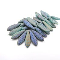 Czech Glass Daggers 16x5mm Turquoise Opal Matte Laser Dragon Scale