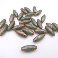 Czech Glass Peeled Olive Beads 19x7mm Turquoise Opal with Copper Wash Uranium