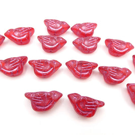 Czech Glass Bird Beads 11x22mm Ruby Red with a Matte Finish and a Metallic Pink Wash