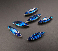 Vintage Czech Glass Faceted Navettes in silver sew on setting 15x4mm Capri Blue