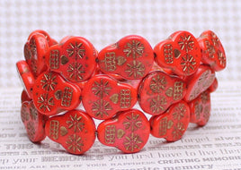 Czech Glass Sugar Skull Beads 20x17mm Coral Red Opaque with Dark Bronze Wash