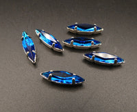 Vintage Czech Glass Faceted Navettes in silver sew on setting 15x4mm Capri Blue
