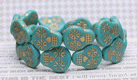 Czech Glass Sugar Skull Beads 20x17mm Turquoise Opaque with Gold Wash