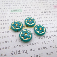 Czech Round With Flower Pressed Glass Beads 17mm Opal Green Gold Lined