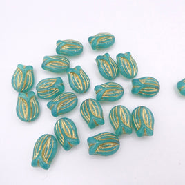 Czech Glass Tulip Beads 16x11mm Turquoise Gold Lined Uranium