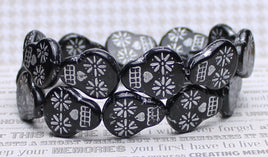 Czech Glass Sugar Skull Beads 20x17mm Jet Black Opaque with Silver Wash