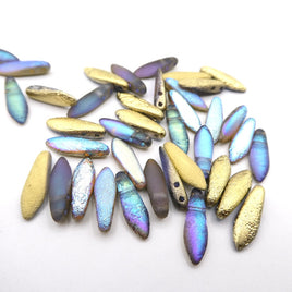 CzechMates Two Hole Daggers 16x5mm Etched Crystal Golden Rainbow