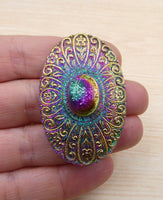 Czech Glass Hand Painted Oval Cabochon 49x33mm Vitrail Violet