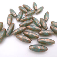 Czech Glass Peeled Olive Beads 19x7mm Turquoise Opal with Copper Wash Uranium