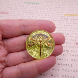 Czech Glass Dragonfly Cabochon 18mm Uranium Yellow Gold Lined