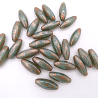 Czech Glass Peeled Olive Beads 19x7mm Turquoise Opal with Copper Wash Uranium