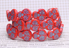 Czech Glass Sugar Skull Beads 20x17mm Coral Orange Opaque with Turquoise Wash