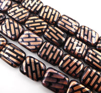 Czech Flat Rectangle Beads with Batika Design 20x15mm Jet with Copper Stripes