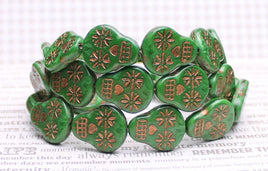 Czech Glass Sugar Skull Beads 20x17mm Green Silk with Dark Bronze Wash