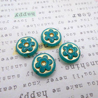 Czech Round With Flower Pressed Glass Beads 17mm Opal Green Gold Lined
