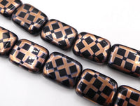 Czech Flat Rectangle Beads with Batika Design 20x15mm Jet with Copper Checkers
