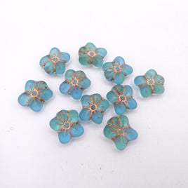 Czech Glass Flower Pressed Glass Beads 14x12 mm Yellow Blue Matte Copper Lined Uranium