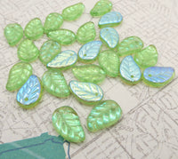 West German Glass Leaf Beads 14x10mm Peridot AB