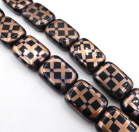 Czech Flat Rectangle Beads with Batika Design 20x15mm Jet with Copper Checkers