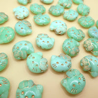 Czech Hello Kitty Glass Beads 19x18mm Opal Green Copper Lined