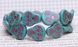 Czech Glass Sugar Skull Beads 20x17mm Turquoise Opaque with Pink Wash