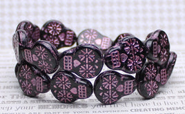 Czech Glass Sugar Skull Beads 20x17mm Jet Black Opaque with Pink Wash