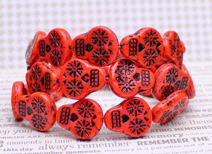 Czech Glass Sugar Skull Beads 20x17mm Coral Red Opaque with Black Wash - Bead Nerd