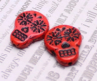Czech Glass Sugar Skull Beads 20x17mm Coral Red Opaque with Black Wash - Bead Nerd