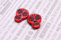 Czech Glass Sugar Skull Beads 20x17mm Coral Red Opaque with Black Wash - Bead Nerd