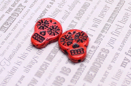 Czech Glass Sugar Skull Beads 20x17mm Coral Red Opaque with Black Wash - Bead Nerd