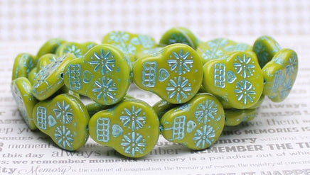 Czech Glass Sugar Skull Beads 20x17mm Gaspeite Green Opaque with Turquoise Wash - Bead Nerd