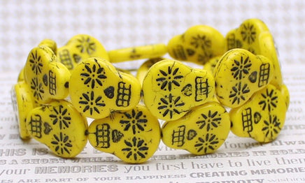 Czech Glass Sugar Skull Beads 20x17mm Lemon Yellow Opaque with Black Wash - Bead Nerd