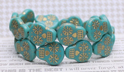 Czech Glass Sugar Skull Beads 20x17mm Turquoise Opaque with Gold Wash - Bead Nerd
