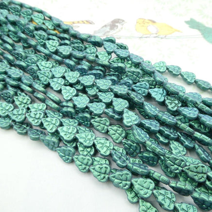 Czech Leaf Beads 10x8mm Metallic Suede Leafy Green - Bead Nerd