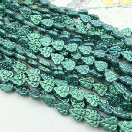 Czech Leaf Beads 10x8mm Metallic Suede Leafy Green - Bead Nerd