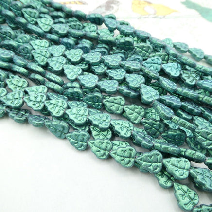 Czech Leaf Beads 10x8mm Metallic Suede Leafy Green - Bead Nerd