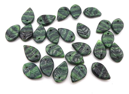 Czech Leaf Wavy Leaf Beads 13x8mm Green Black - Bead Nerd
