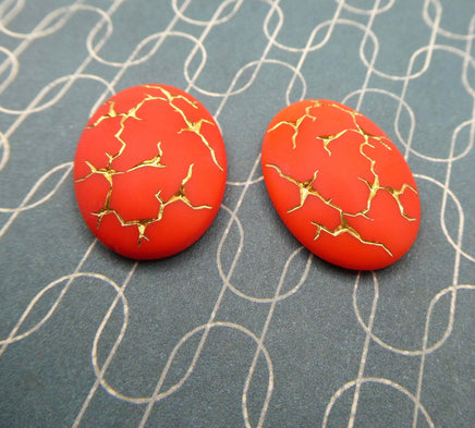Vintage Czech Glass Oval Flatback Cabochon 25x18mm Orange with Gold Vein - Bead Nerd